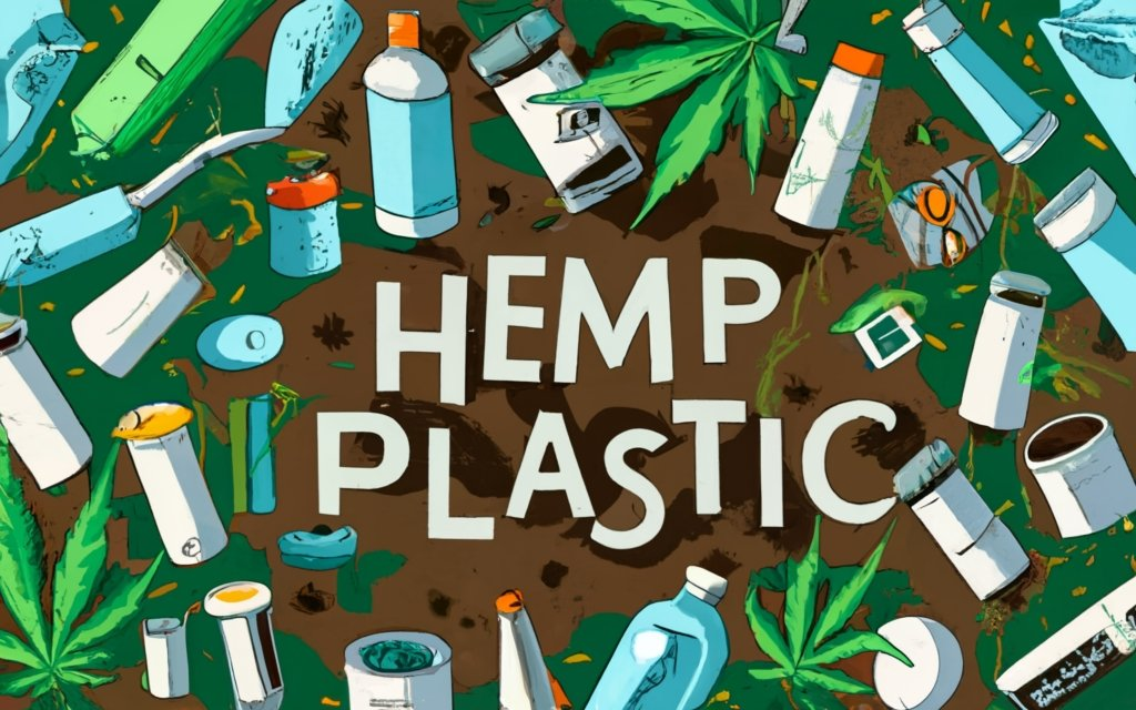 underground soil full of plastics, and hemp plastic at the top, with hemp plant growing from it. Biodegradable, sustainable, and Eco-friendly. hemp farm, hemp plastic bottles, hemp plastic wraps, hemp automobile parts, text - "HEMP PLASTIC" made with the plastics underground, conceptual art, illustration, typography