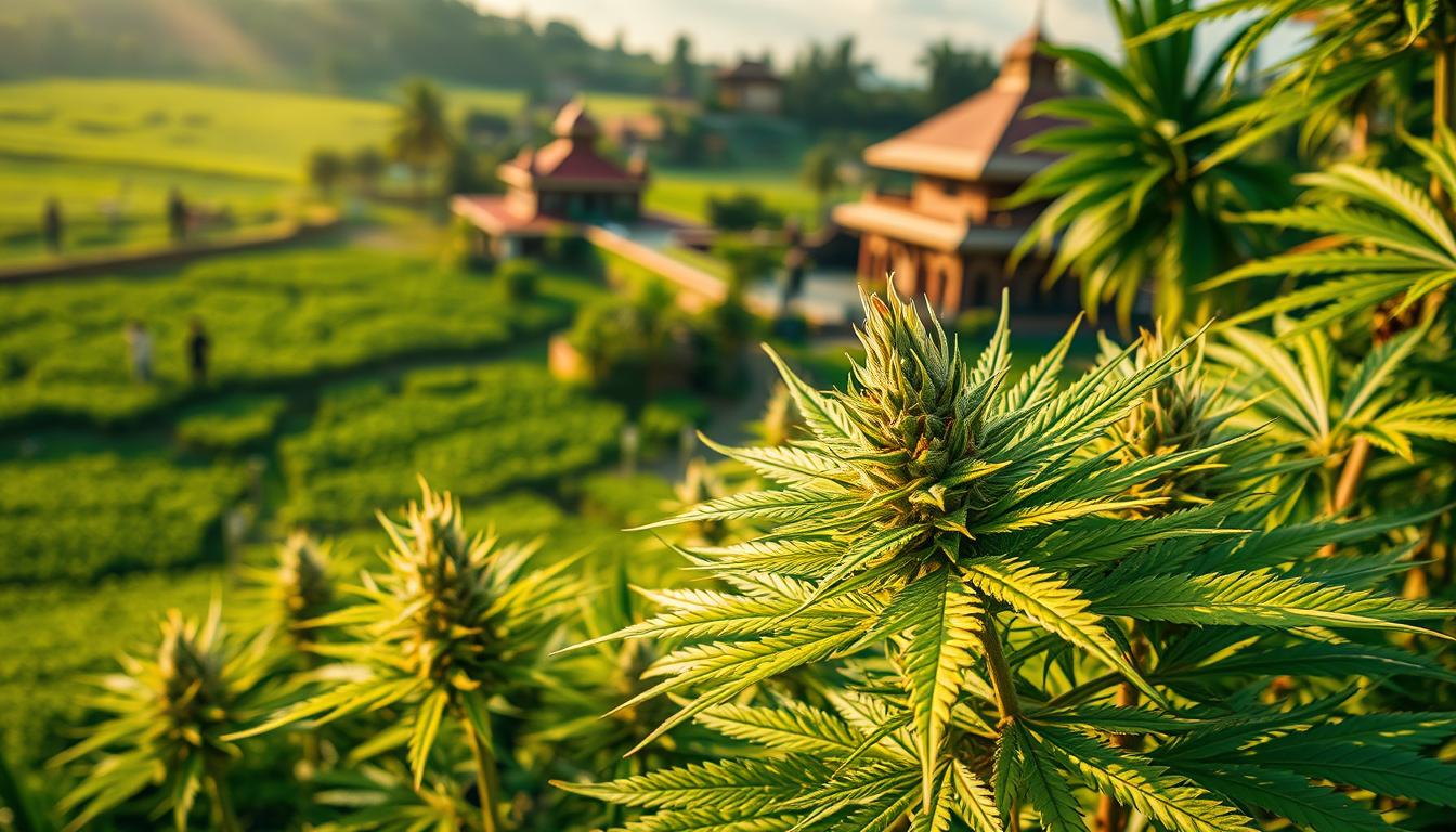 "Vibrant landscape showcasing Indian cannabis landraces, featuring diverse strains with unique leaf shapes and colors, set against the backdrop of lush green fields and traditional Indian architecture, warm sunlight filtering through the leaves, detailed close-ups of resinous buds, natural beauty and biodiversity emphasized, serene atmosphere --v 5 --ar 16:9"