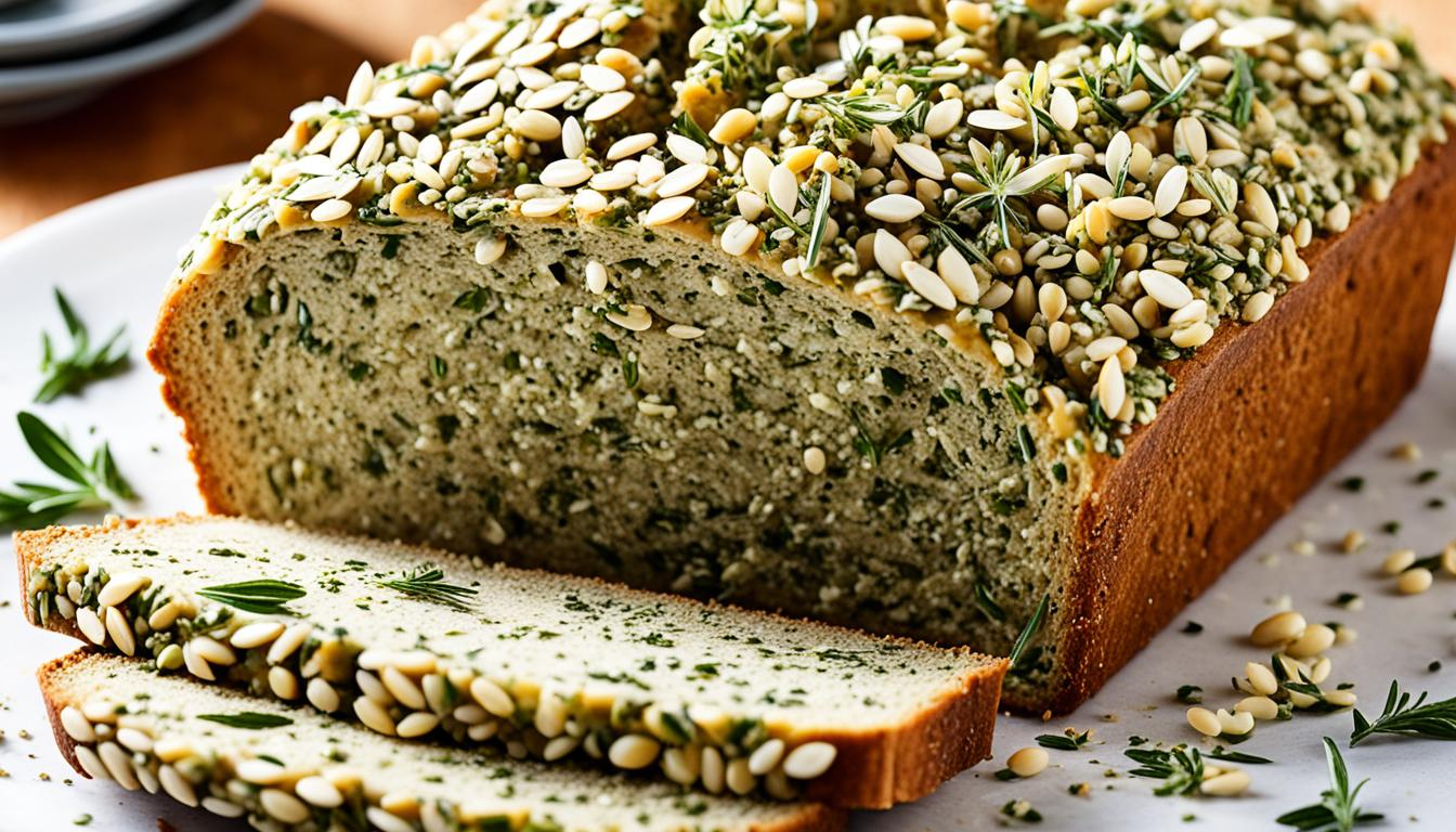 Create an image of a fresh-out-of-the-oven hemp seed bread, with the seeds visible on top and a light golden-brown crust. Surround the bread with scattered hemp seeds and small clusters of green herbs, like rosemary or thyme. On the side, showcase a couple of thin slices of the bread toasted and spread with a creamy herb-infused butter. The background should be simple but warm, with soft natural lighting.