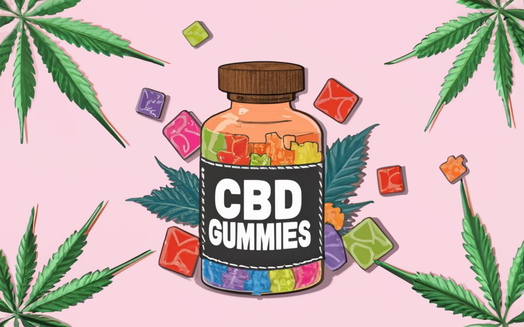 "CBD Gummies" - Text with no tagline. with bottle with no label of cbd gummies in the background is images of CBD Gummies and Cannabis leaves in patchwork art style, divided in differents seccions with diferents styles of patchwork in very colorfull, conceptual art, anime, vibrant