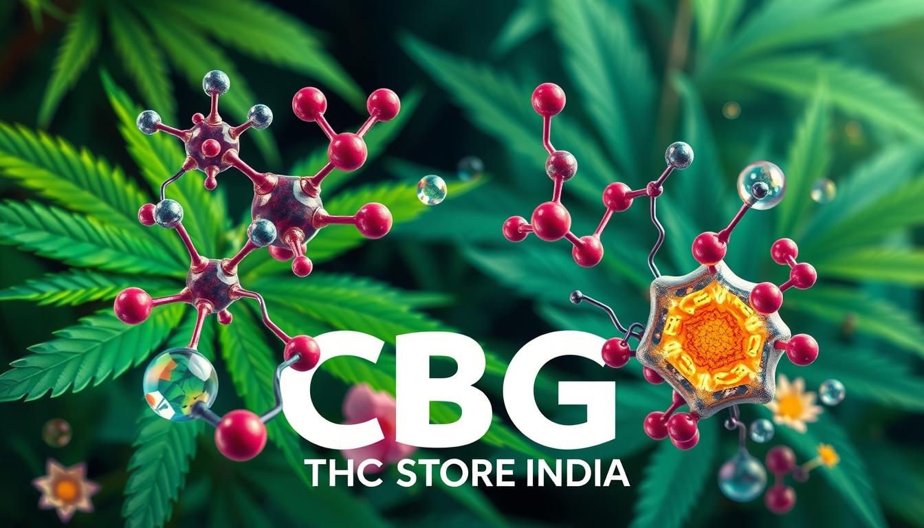 A vibrant and detailed illustration of CBG cannabinoid molecules, showcasing their unique structures, set against a lush green cannabis leaf background. Include subtle hints of laboratory equipment and natural elements like hemp plants and flowers, conveying a sense of purity and potential health benefits. The composition should be visually captivating, emphasizing the promise of CBG in holistic wellness. Incorporate the brand name "THC STORE INDIA" seamlessly into the design as part of the overall aesthetic.