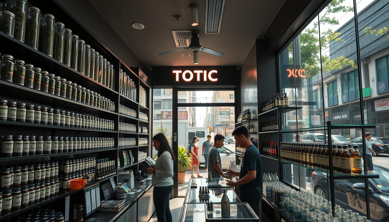 A bustling storefront in the heart of Bangkok's thriving cannabis industry, the THC STORE INDIA showcases an array of meticulously curated products. Sunlight filters through large windows, casting a warm glow on the sleek, modern interior. Shelves display a wide selection of high-quality strains, edibles, and tinctures, reflecting Thailand's progressive approach to cannabis regulation. In the foreground, a knowledgeable staff member assists a customer, while the background is filled with the energy of the lively city streets. The overall atmosphere conveys a sense of professionalism, innovation, and the cultural embrace of this emerging market.