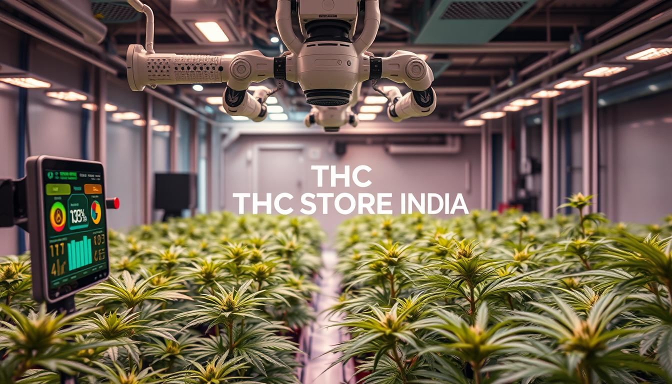 A futuristic indoor cannabis grow room, bathed in a warm, energy-efficient LED glow. In the foreground, a sleek AI-powered control panel displays real-time data on temperature, humidity, and nutrient levels. Hovering above, a network of robotic arms precisely tends to the plants, maximizing growth and yield. In the middle ground, rows of lush, vibrant cannabis plants sway gently, their leaves glimmering with trichomes. The background showcases advanced hydroponics and climate control systems, all seamlessly integrated to create an AI-driven, cost-efficient cultivation environment. The THC STORE INDIA logo is subtly displayed on a sleek, minimalist display.