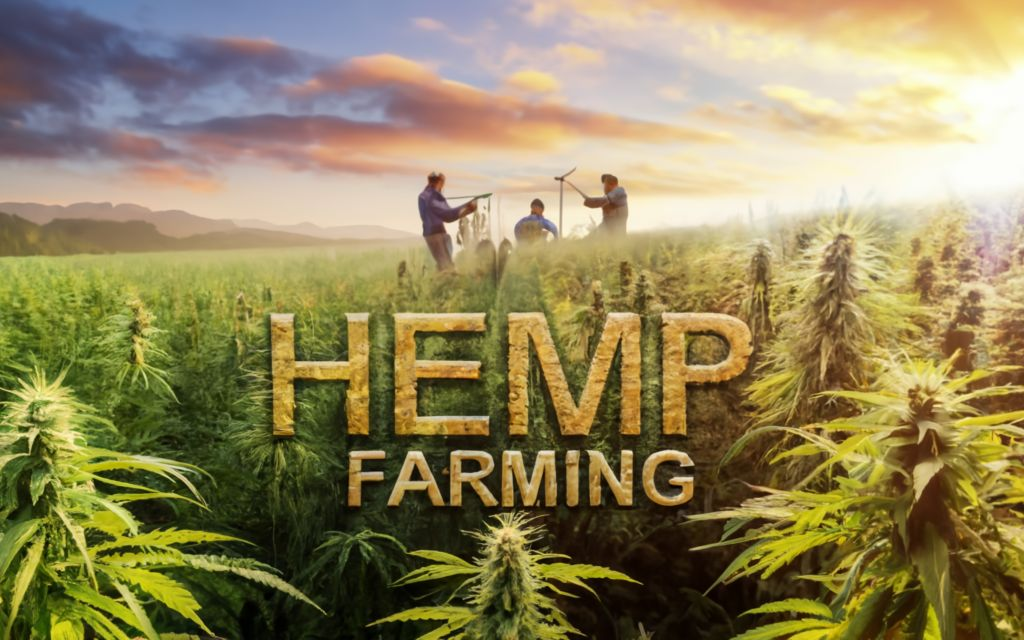 "HEMP FARMING", TITLE in the bottom - with hemp field in the backgrround with farmers working on the field, illustration, vibrant, conceptual art, 3d render, typography