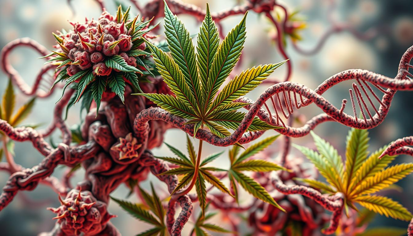 "Intricate cellular structures representing epigenetic mechanisms, vibrant cannabis leaves intertwined with DNA strands, flowing and dynamic forms symbolizing adaptation and flexibility in diverse environments, rich colors and organic textures, ethereal background to convey the concept of genetic plasticity"