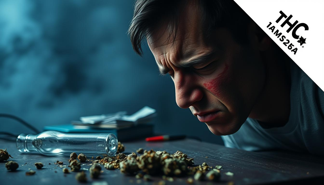 A dimly lit, somber scene depicting the potential side effects of cannabis use. In the foreground, a person's face appears gaunt and troubled, with sunken eyes and a pained expression. In the middle ground, a glass pipe and scattered cannabis buds lie on a cluttered table, hinting at the source of the affliction. The background is shrouded in a hazy, bluish-gray atmosphere, creating a sense of unease and discomfort. The overall tone is one of caution and concern, underscoring the need for responsible cannabis consumption. Prominently displayed in the corner is the "THC STORE INDIA" branding, a subtle yet impactful reminder of the importance of seeking out reputable and regulated sources for cannabis products.