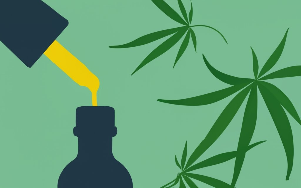CBD oil vs CBD Tincture, Use two different bottles, a divider in between in the shape of a lighting, one bottle has CBD written on it, other bottle has hemp leaf. use vibrant colors, and put hemp leaves around, illustration, conceptual art, typography, product