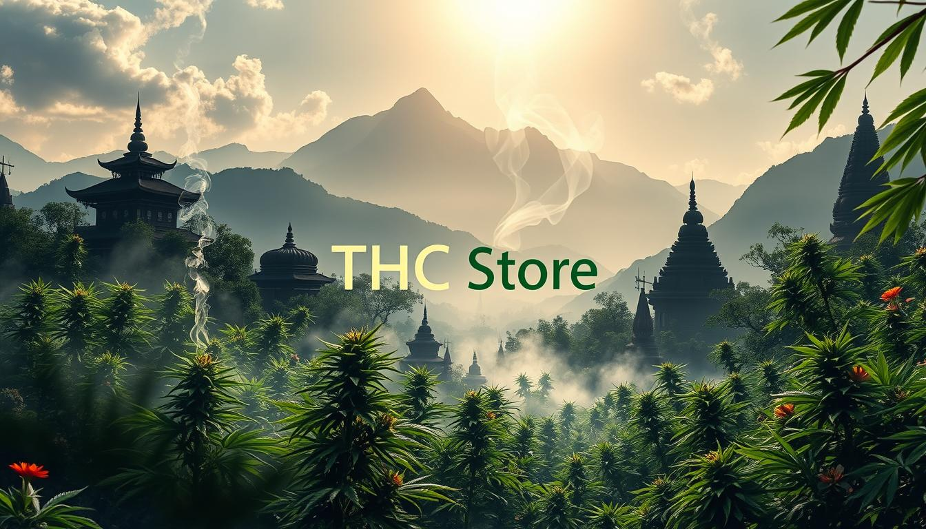 A serene landscape depicting the ancient Silk Road, intertwined with lush cannabis plants, surrounded by silhouettes of traditional temples and sacred sites. Ethereal smoke rising into the sky, creating a mystical atmosphere with mountains in the background, soft sunlight filtering through the leaves. Incorporate elements of diverse spirituality, like incense, symbols of peace, and vibrant flora, all harmoniously blending together. Include the brand name "THC Store India" subtly integrated into the natural environment without overpowering the spiritual theme.