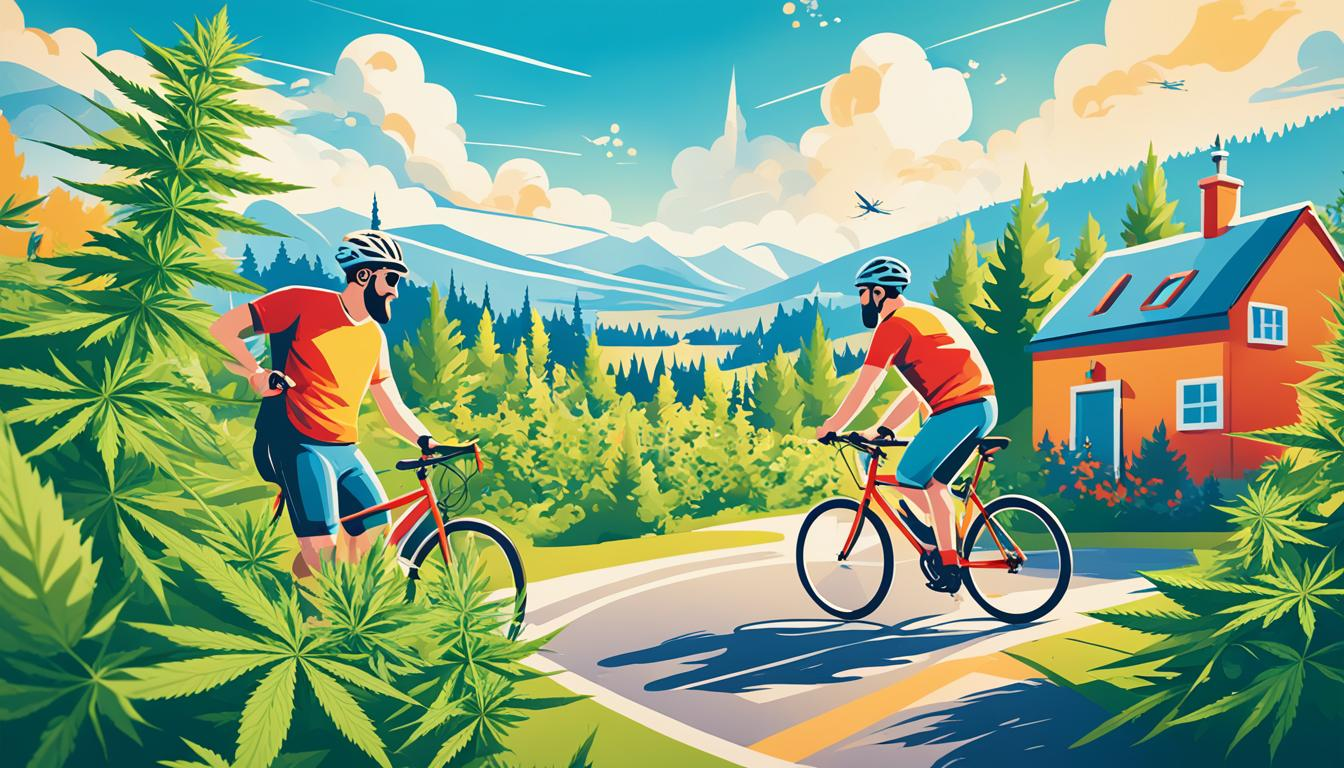 A serene and peaceful scene depicting a small village where people are seen engaging in outdoor activities such as cycling, jogging, or playing games, with cannabis plants in the background. The sky is clear and blue, suggesting a bright and happy day. The main focus of the image should be on the community coming together to enjoy life, and the cannabis plants serve as a symbol of the benefits of the legalization of marijuana, such as decreased alcohol and cigarette use.