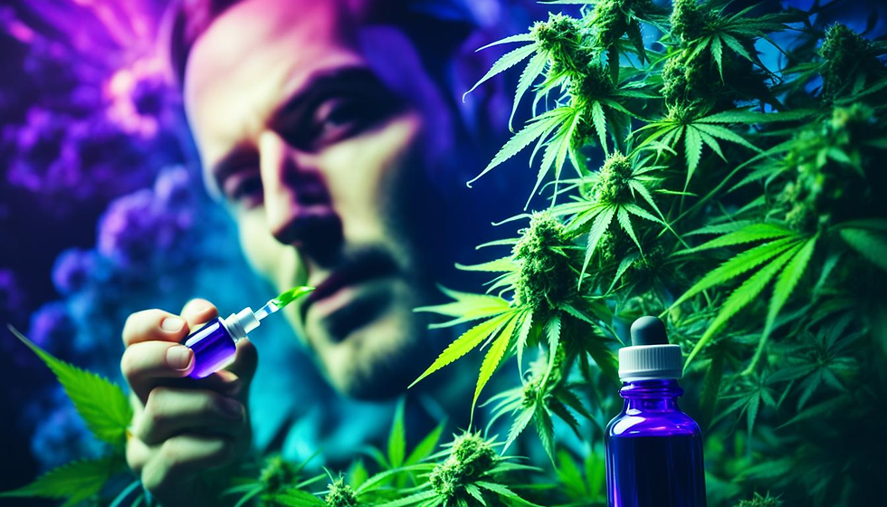 A person holding a glass dropper filled with THC oil, while a cancer cell in the background fades away into nothingness. The dropper is surrounded by vibrant green cannabis leaves and deep purple flowers. The overall atmosphere of the image feels hopeful and healing.