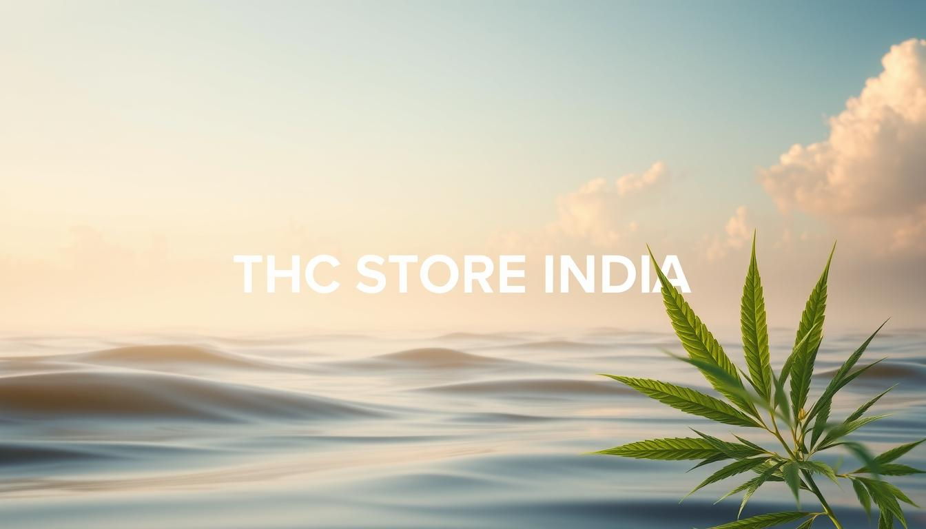 A serene landscape featuring a peaceful nature scene with soft, gentle colors representing calmness. Incorporate elements symbolizing relief from pain, such as soothing waves or flowing water, alongside visual metaphors for mental clarity and tranquility, like a clear sky or soft clouds. Integrate subtle hints of CBG, like green hemp leaves, blending harmoniously with the environment. The composition should evoke feelings of relaxation and comfort, alluding to the benefits of CBG for pain, depression, and insomnia. Include the brand name "THC STORE INDIA" artistically woven into the natural elements.