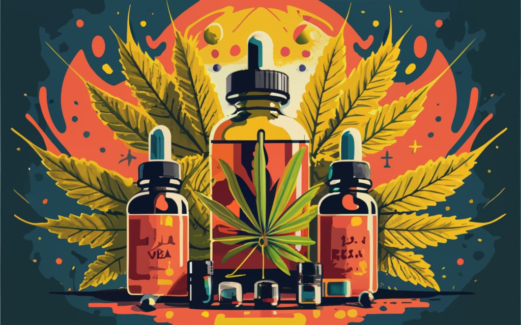 Vijaya leaf Extract, Cannabis leaf background with multiple tinctures bottles, and Vijaya leaf Extract Bottles., vibrant, conceptual art, illustration, product, typography, Discover the Benefits of Vijaya(Cannabis) Leaf Extract