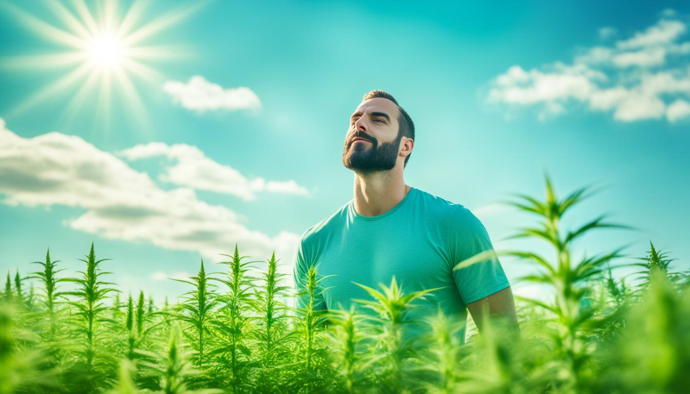 A person experiencing relief from pain after taking CBD oil, depicted through imagery of a calm and peaceful scene. The person should be shown engaging in an activity that was previously difficult due to their pain, such as hiking, playing with their children, or gardening. The surroundings should be nature-themed, with lots of greenery and plants. The focus should be on the person's face and body language, which should convey a sense of relief and happiness. There should also be subtle visual cues, such as a bottle of CBD oil or a cannabis plant in the background, to reinforce the connection between CBD and pain relief.
