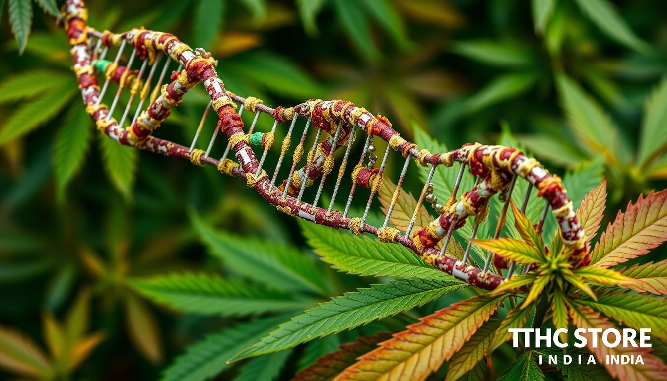 "Visual representation of DNA methylation process intertwined with vibrant cannabis leaves, showcasing intricate molecular structures and epigenetic markers, surrounded by a lush green background, emphasizing the connection between genetics and cannabis cultivation. THC STORE INDIA."