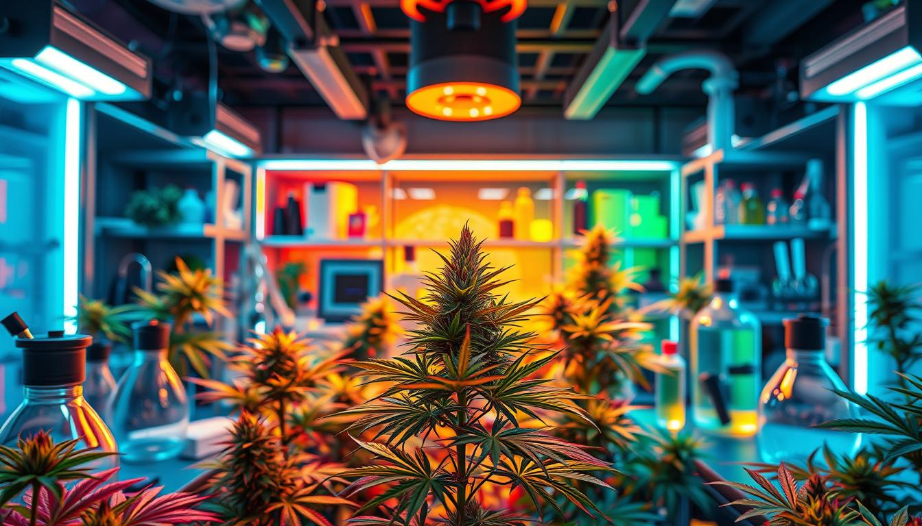 "An intricate laboratory setting filled with cannabis plants, advanced scientific equipment, and vibrant colors representing THC dynamics, showcasing the exploration of THCP potency. Include a subtle representation of the brand 'THC STORE INDIA' through design elements in the lab, evoking a sense of innovation and research in cannabis science."