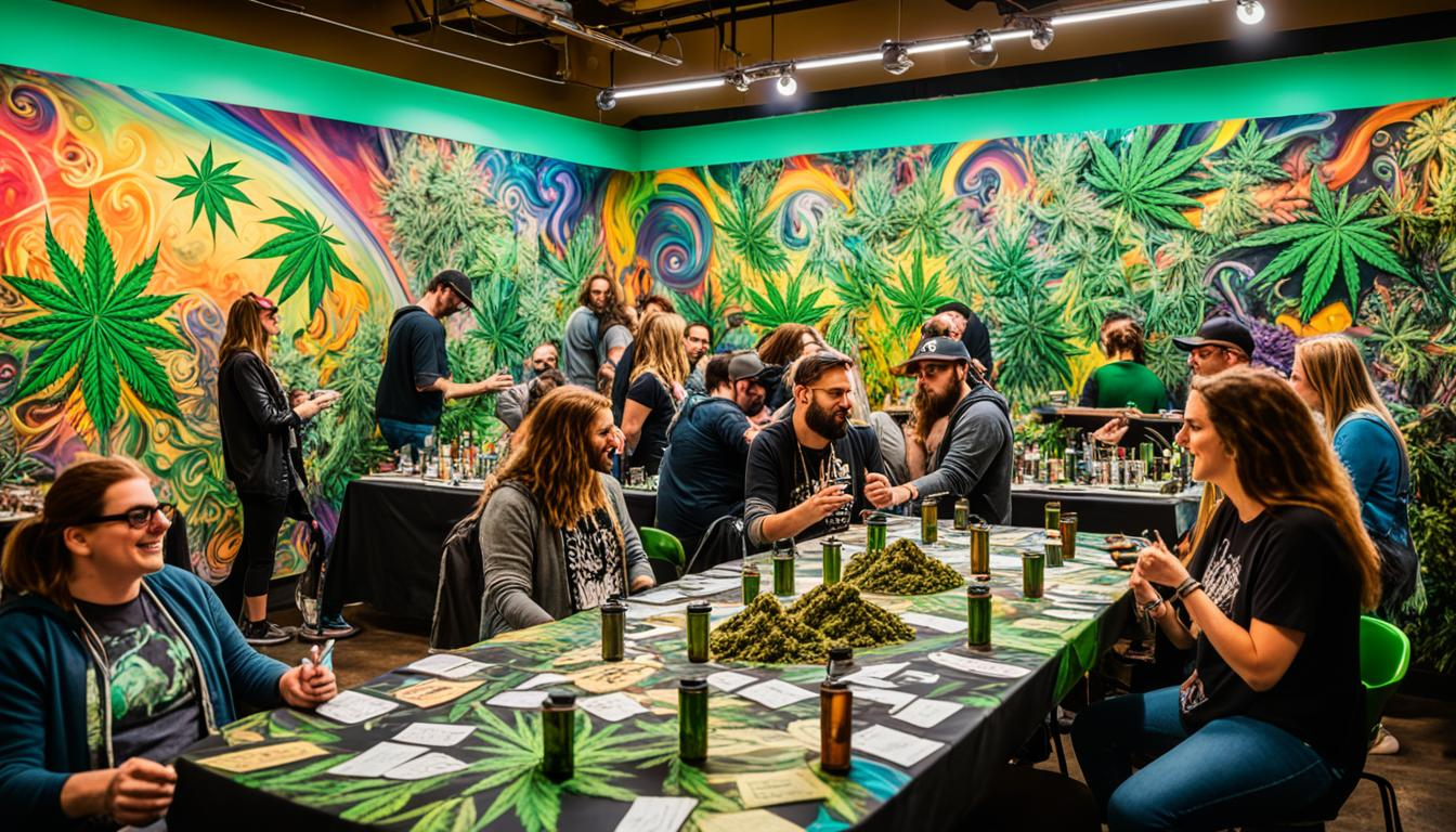 An illuminated room filled with people of different ages and backgrounds. The walls are adorned with murals that depict cannabis culture and history. Smoke fills the air, but the atmosphere is mellow and social. In the center of the room, a large table is covered in rolling papers, pipes, bongs, and various strains of cannabis. People are gathered around the table, sharing stories and passing around joints. At the far end of the room, a DJ booth is set up with turntables spinning vinyl records. The music is upbeat and funky, adding to the lively ambiance of the club. Outside of the window, you can see a bustling city street filled with shops and restaurants. A neon sign in the window reads "Cannabis Social Club," inviting others to join in on the fun.