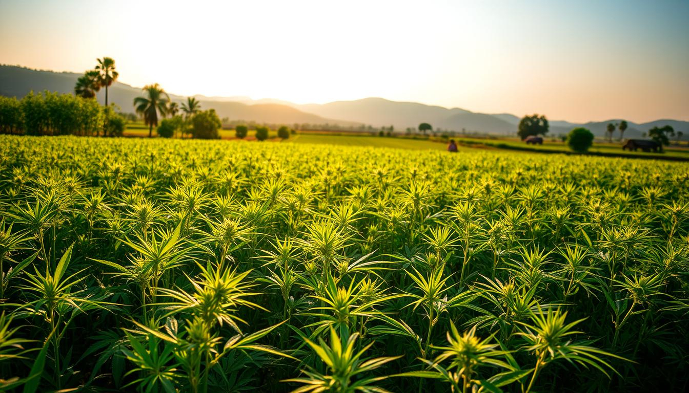 A lush, verdant landscape of sustainable agriculture in Uttar Pradesh, India. In the foreground, rows of thriving hemp plants sway gently in the breeze, their leaves and flowers shimmering in the warm, golden sunlight. In the middle ground, traditional farming techniques are employed, with local farmers tending to their crops using eco-friendly methods. In the background, rolling hills and a clear blue sky set the scene, hinting at the region's natural beauty. The overall mood is one of harmony, where modern agricultural practices coexist with traditional wisdom to create a sustainable, resilient system. THC STORE INDIA.