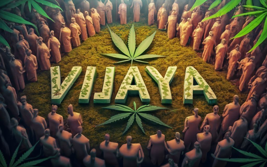 Vijaya Leaf text in the center of a crowd surrounding