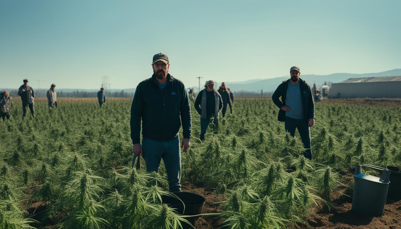 An abandoned hemp field with wilted plants and empty watering cans scattered about. A group of farmers standing in the background, looking frustrated and uncertain. The sky overhead is hazy with pollution, and the soil beneath the plants looks dry and depleted.