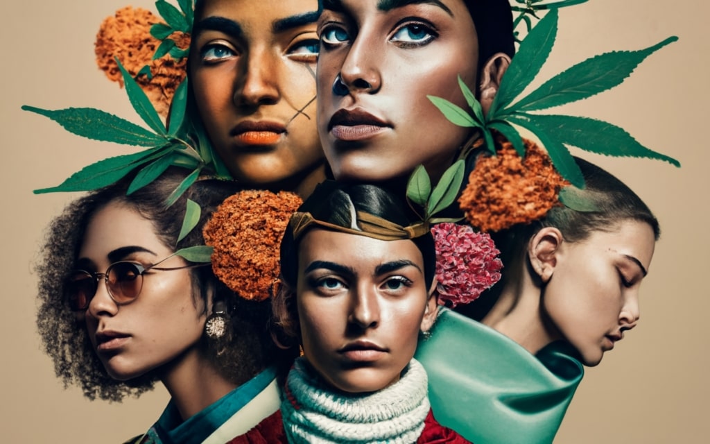 close up shot, women, hemp clothing, multi color, models. glasses, cannabis leaf, hemp fashion, green fashion