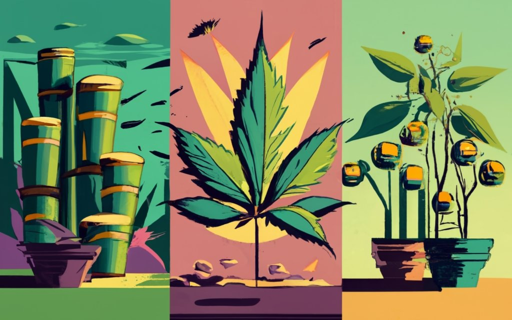 This visually stunning image divides into three sections, artfully showcasing the rugged texture of hemp leaves, the softness of bursting cotton bolls, and the graceful sway of bamboo stalks. Set against a serene botanical garden bathed in warm sunlight, it blends photography with 3D rendering, with subtle typography, creating a tranquil and natural masterpiece of conceptual art and illustration.