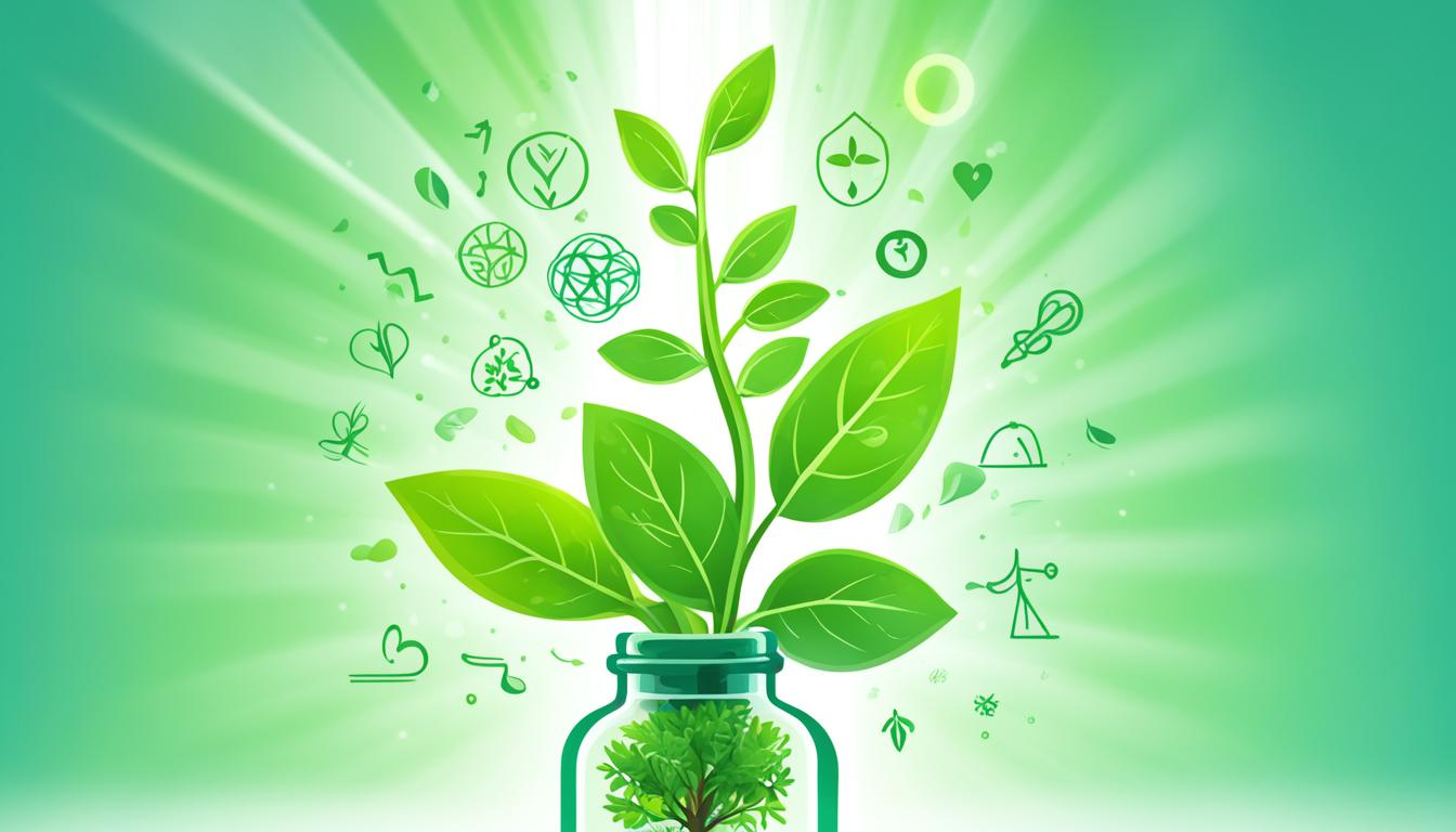 A vibrant green plant growing out of a bottle with a dropper. The plant is surrounded by symbols representing various health benefits, such as a heart for cardiovascular health and a brain for mental wellness. Rays of light emanate from the plant, giving a sense of vitality and healing energy.