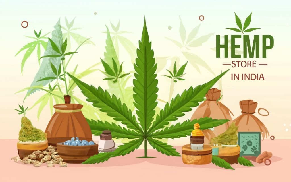 "HEMP STORE IN INDIA " - . background full of hemp leaves. hemp leaf of the hemp plant in the center background, different kinds of hemp products around., typography