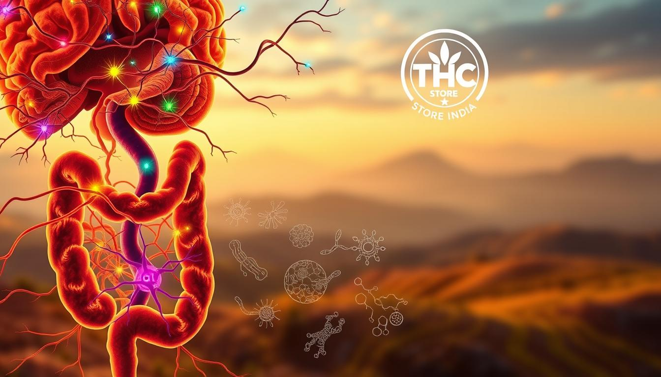 A detailed illustration of the cannabis gut-brain axis. A close-up view of the gastrointestinal tract and the brain, connected by intricate neural pathways. In the foreground, colorful neurons and synapses, representing the endocannabinoid system's role in regulating gut function and brain-gut communication. In the middle ground, stylized illustrations of the gut microbiome, with various bacteria and metabolites. In the background, a hazy, dreamlike landscape with the THC STORE INDIA logo subtly visible, alluding to the therapeutic potential of cannabis. Warm, earthy tones, with soft lighting and a sense of depth and balance, conveying the holistic nature of the cannabis gut-brain axis.