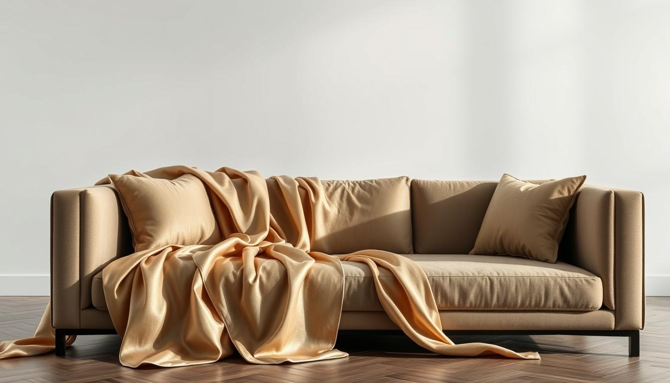 Generate an image of a luxurious hemp silk fabric draped elegantly over a modern sofa.