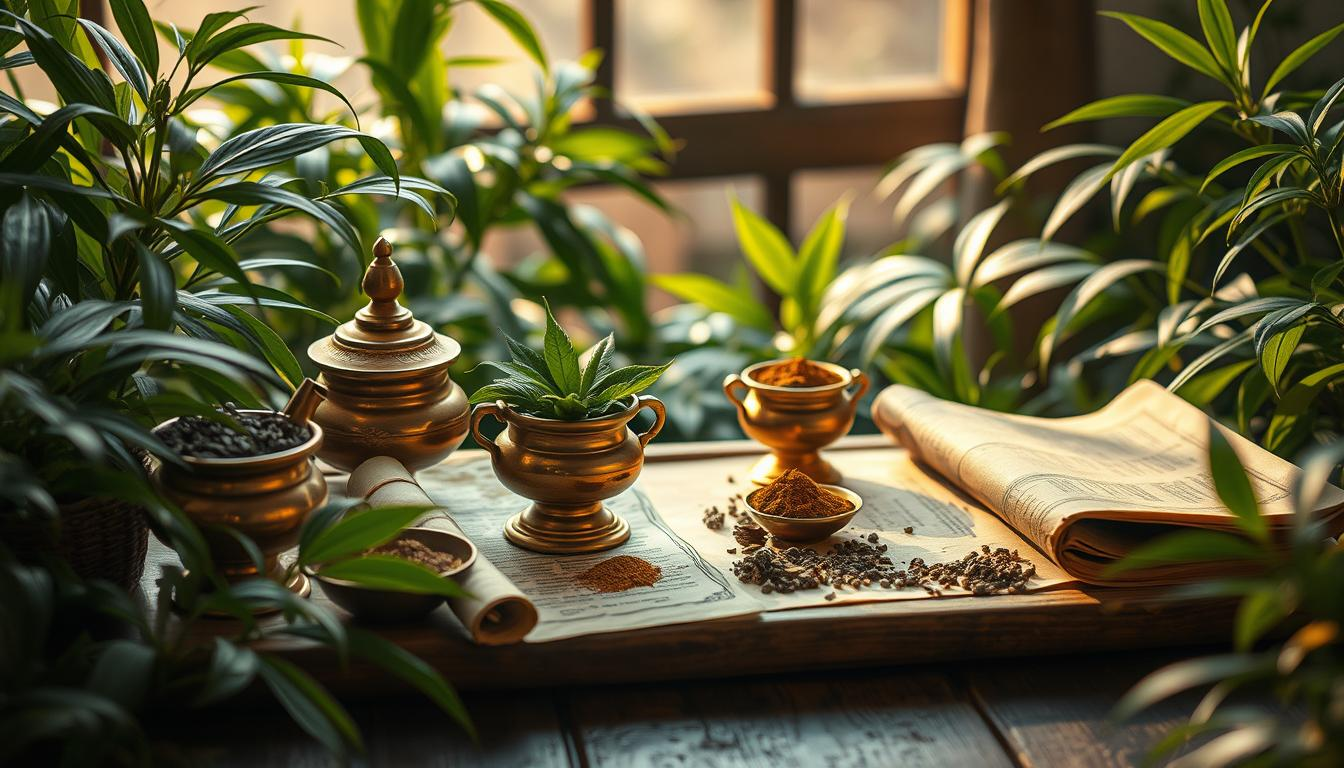 A serene Ayurvedic setting with lush green plants surrounding a wooden table, showcasing traditional brass vessels filled with Bhang leaves and powders, along with ancient scrolls and herbs laid out, soft golden light filtering through, evoking a sense of ancient wisdom and rejuvenation, THC Store India.