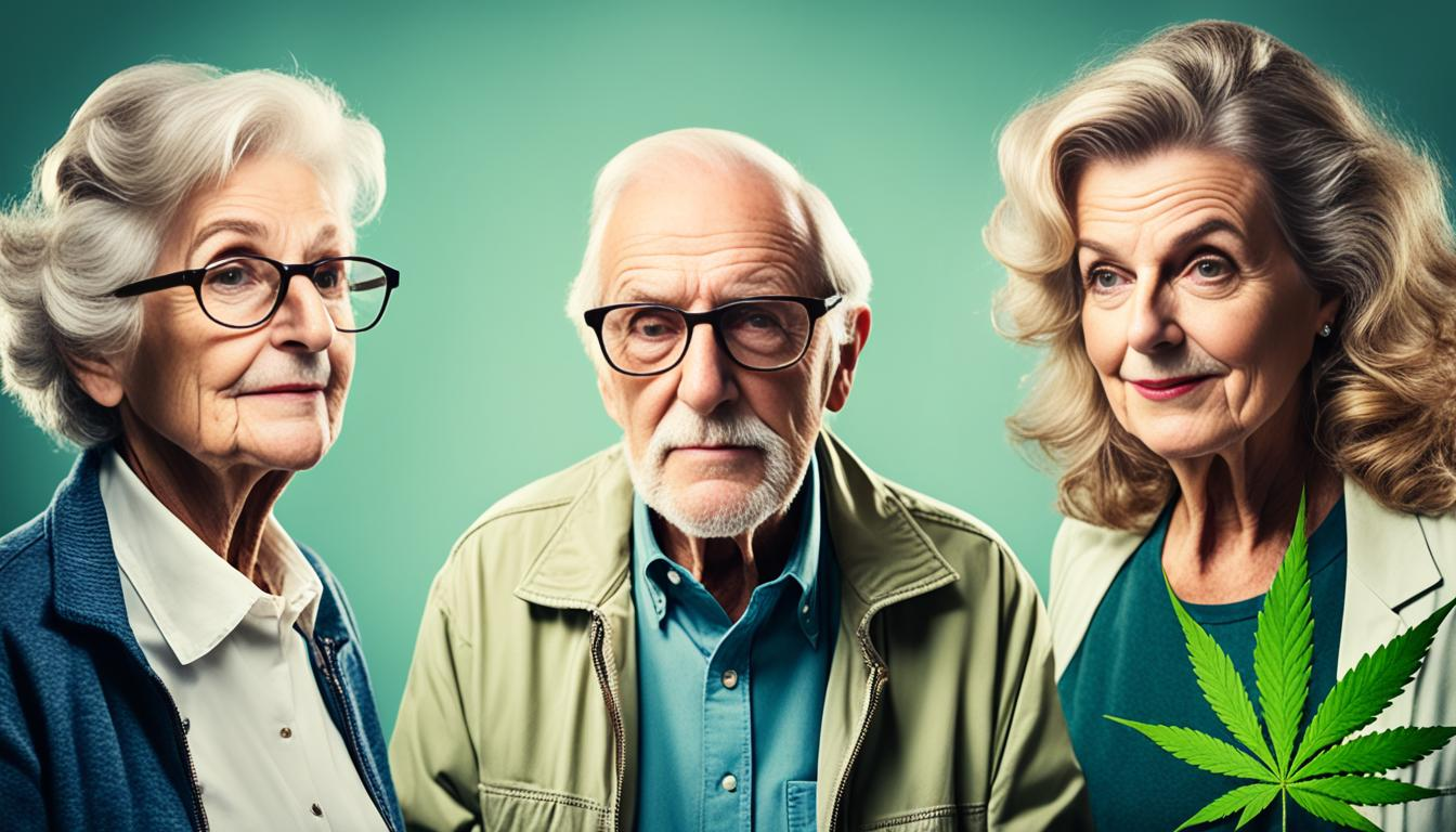 Create an image that shows a contrast between an older generation with negative perceptions of cannabis and a younger generation accepting it as a normal part of their culture. Use visual cues, such as clothing style, body language, and facial expressions to convey this shift in attitude towards cannabis. Show the two generations side by side, with the younger generation appearing confident and nonchalant while the older generation appears uncomfortable or disapproving.