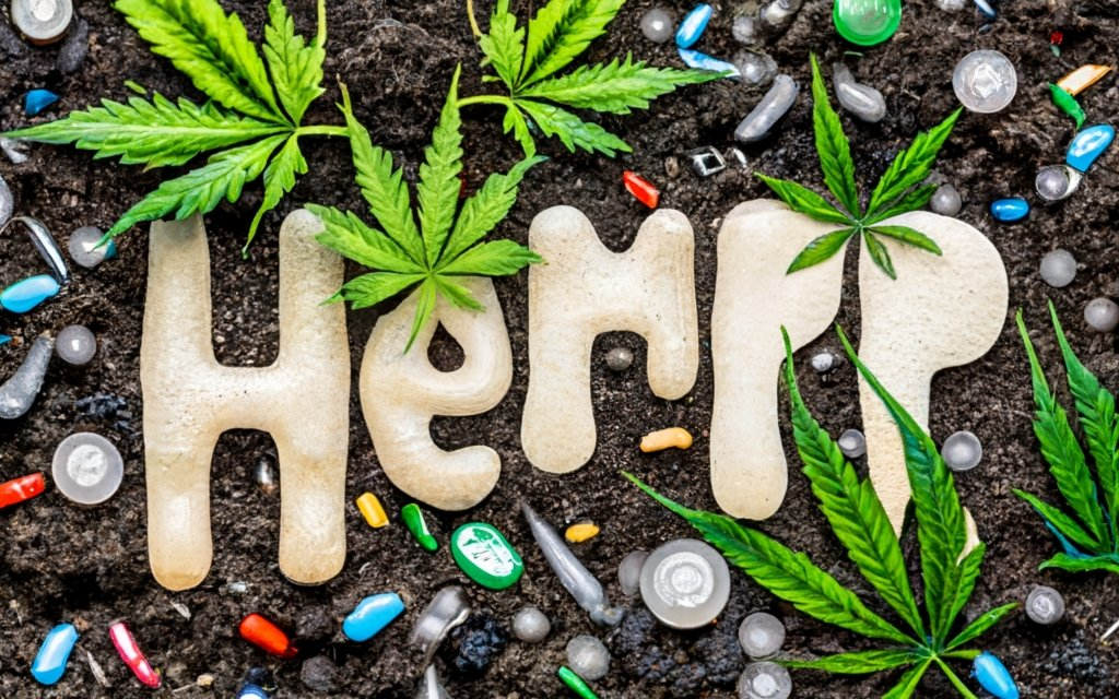 underground soil full of plastics, and hemp plastic at the top, with hemp plant growing from it. Biodegradable, sustainable, and Eco-friendly. hemp farm, hemp plastic bottles, hemp plastic wraps, hemp automobile parts, text - "HEMP PLASTIC" made with the plastics underground, conceptual art, illustration, typography