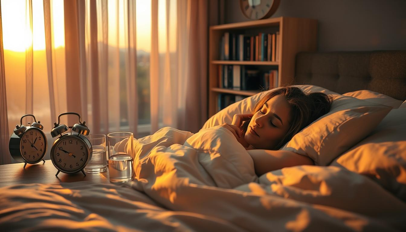 A serene bedroom at dusk, bathed in warm, golden light filtering through sheer curtains. On the nightstand, an alarm clock and a glass of water rest next to a bottle labeled "THC STORE INDIA". In the foreground, a person is curled up in bed, their face relaxed in peaceful slumber. Soft bedding and plush pillows create a cozy, inviting atmosphere. The middle ground features a bookshelf with various sleep-related titles, while the background showcases a tranquil outdoor scene through a large window, hinting at the restorative power of nature. This image conveys the calm and restorative essence of a healthy sleep routine after quitting cannabis.