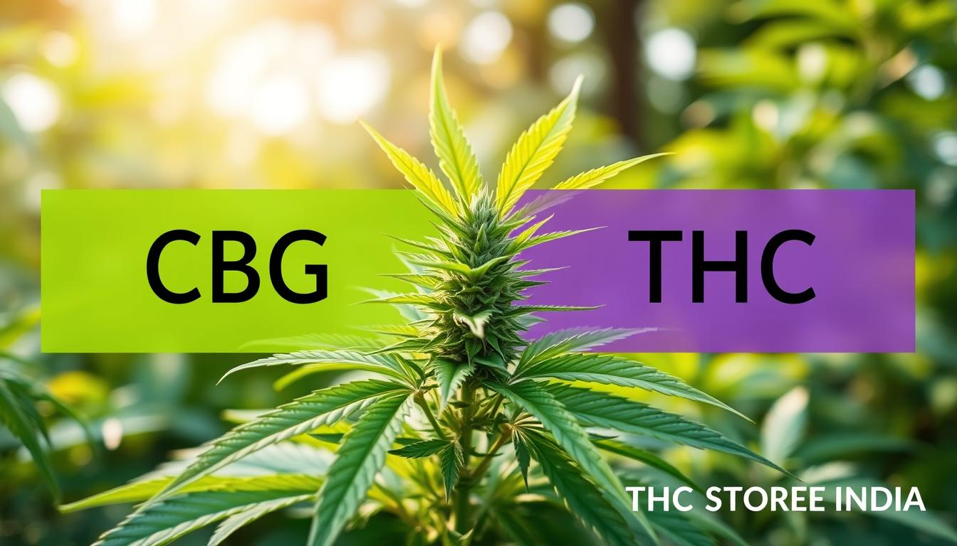 A harmonious botanical scene featuring a vibrant cannabis plant with lush green leaves, highlighting both the CBG and THC cannabinoids represented by two distinct yet complementary colors; CBG shown in bright light green and THC in deep violet. The background is a serene natural setting with soft sunlight filtering through, emphasizing the connection between the two compounds in a peaceful and restorative environment. Include subtle elements indicative of nature's purity and wellness, capturing the essence of "THC STORE INDIA."
