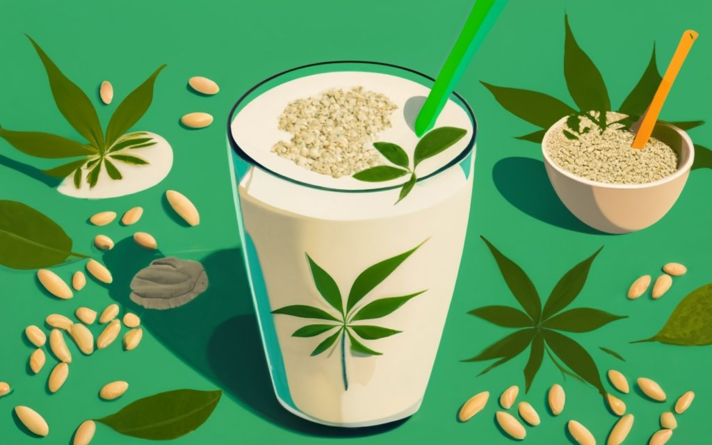 create an image of a Glass of hemp milk, with a bowl of hemp seeds, a bowl of hemp hearts, hemp leaves around in the background, with a title - "HEMP MILK" in the center. , typography, 3d render, conceptual art, illustration