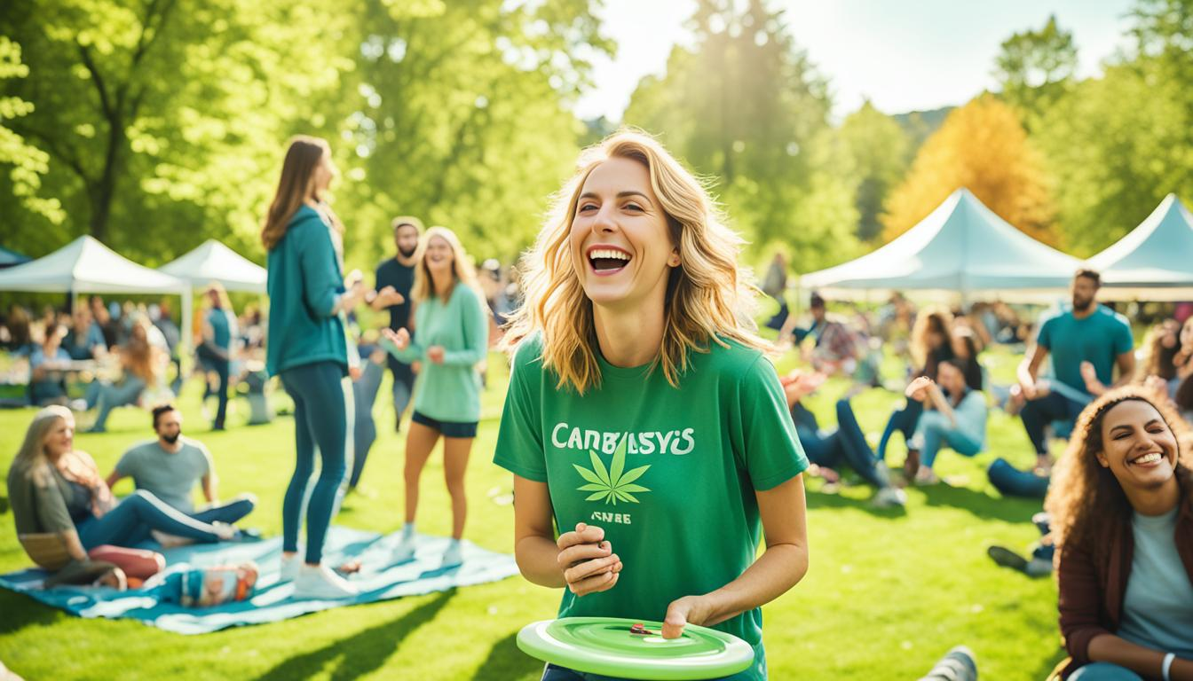 A peaceful and vibrant park scene where people are enjoying the outdoors. In the foreground, a group of friends are sharing a joint while laughing and having a good time. In the background, there are people playing frisbee and enjoying a picnic. The scene should convey a sense of relaxation and community without any negative stereotypes associated with cannabis use.