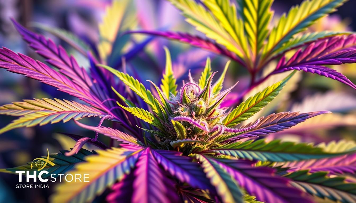 "Close-up of a cannabis plant with visible DNA strands intertwined among the leaves, showcasing vibrant green and purple hues, a scientific laboratory setting in the background, soft lighting for a futuristic feel, intricate details emphasizing the genetic markers of male and female plants, focused on the concept of DNA-based sex testing - THC STORE INDIA"