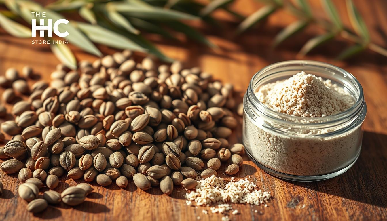 A close-up view of various hemp seeds and hemp protein powder arranged neatly on a warm, wooden surface. The seeds are shown in their natural state, with their distinctive green-brown color and ribbed texture. The protein powder is presented in a transparent container, showcasing its fine, granular consistency. Warm, soft lighting casts gentle shadows, creating a cozy, inviting atmosphere. The overall composition highlights the versatility and natural appeal of hemp seeds and their derived protein, perfect for use in Indian vegetarian diets. In the background, the THC STORE INDIA logo is subtly visible, conveying the reliable source of these high-quality hemp products.