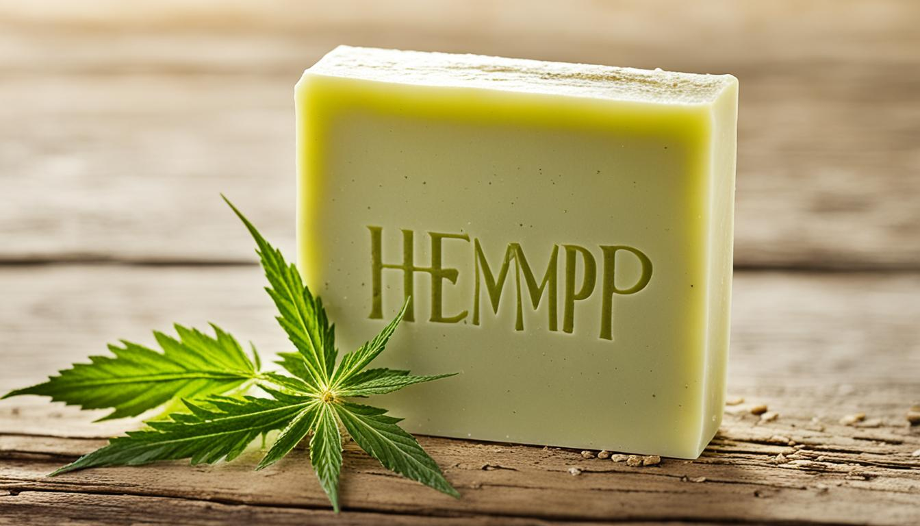 an image of a bar of hemp oil soap against a rustic backdrop. The soap should be the focal point, with its creamy texture and earthy scent conveyed through the use of warm colors and organic shapes. The background should feature natural elements like wood or stone to emphasize the soap's connection to nature. Use gentle lighting to highlight the soap's gentle cleansing properties, and include a subtle hint of greenery to symbolize the hemp plant's healing properties.