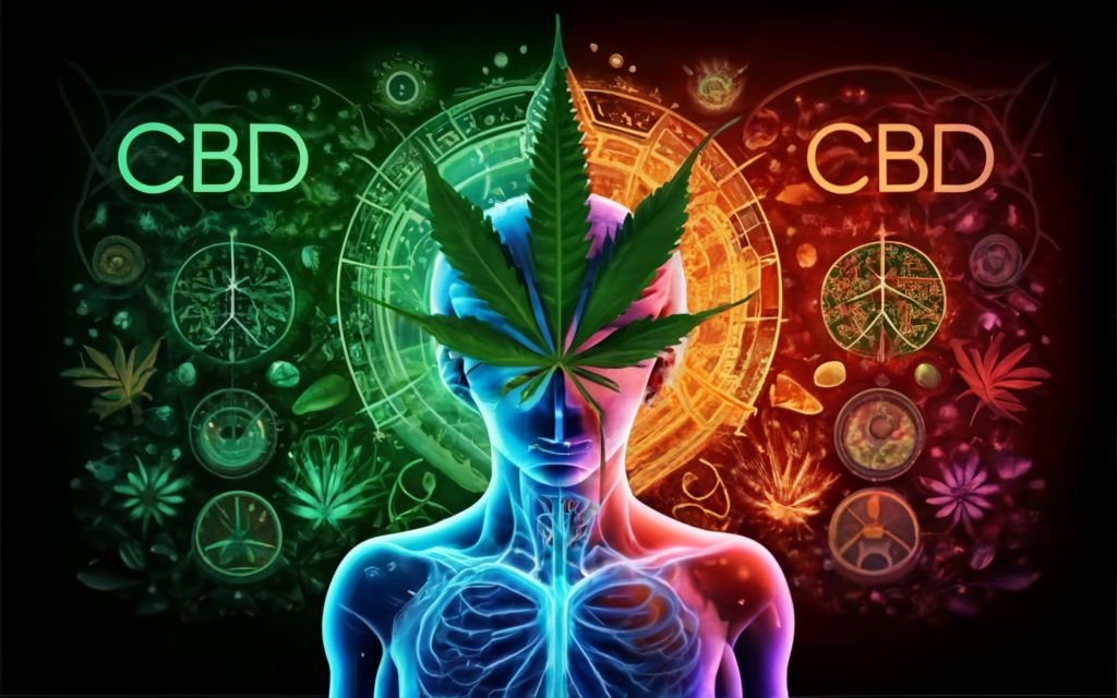 "CBD and Anxiety", TITLE in the bottom -cannabis leaf in the forehead of the inner body functions, long shot of the full body. with ayurvedic herbs behind the person, typography, conceptual art, vibrant