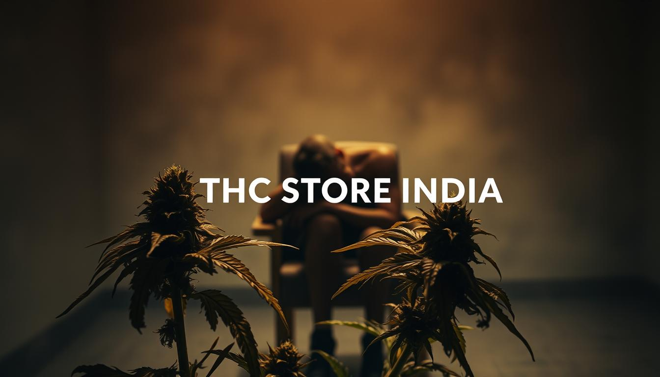 A dimly lit room with a hazy, ominous atmosphere. In the foreground, a withered, visually distressing cannabis plant, its leaves yellowing and curling, conveying a sense of decay. The middle ground features a shadowy, distressed figure slumped on a chair, their face obscured, symbolizing the detrimental effects of cannabis abuse. The background is a blurred, dreamlike landscape, with a sense of unease and discomfort. The image is captured with a vintage, film-like aesthetic, using a warm, muted color palette to enhance the gloomy and unsettling mood. Displayed prominently is the branding "THC STORE INDIA", warning of the potential dangers associated with irresponsible cannabis use.