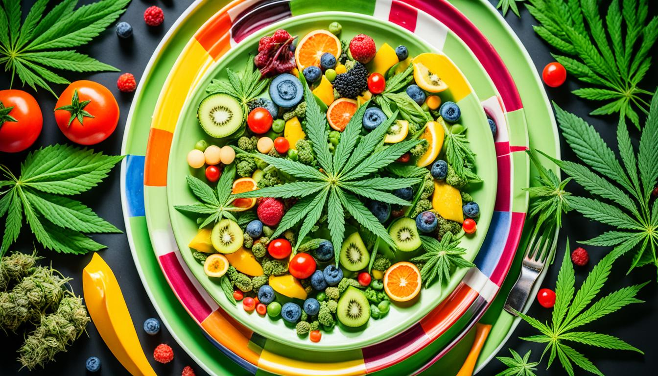 A colorful plate of food surrounded by green leaves and buds of cannabis, indicating the appetite-stimulating effects of medical cannabis. The plate can include a variety of foods such as fruits, vegetables, and proteins to highlight the diverse range of options for those seeking to increase their appetite. The cannabis leaves and buds should be positioned in a way that draws attention to their role in enhancing hunger. The colors should be bright and vibrant to evoke a sense of health and vitality.