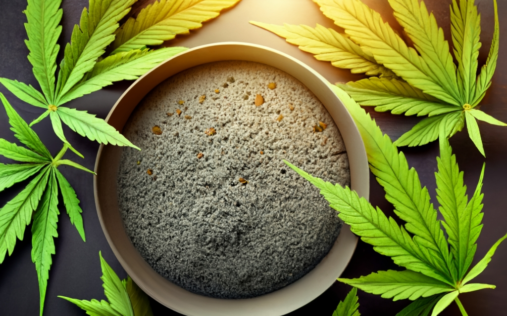 Hempcrete in a tub, cannabis leaves around