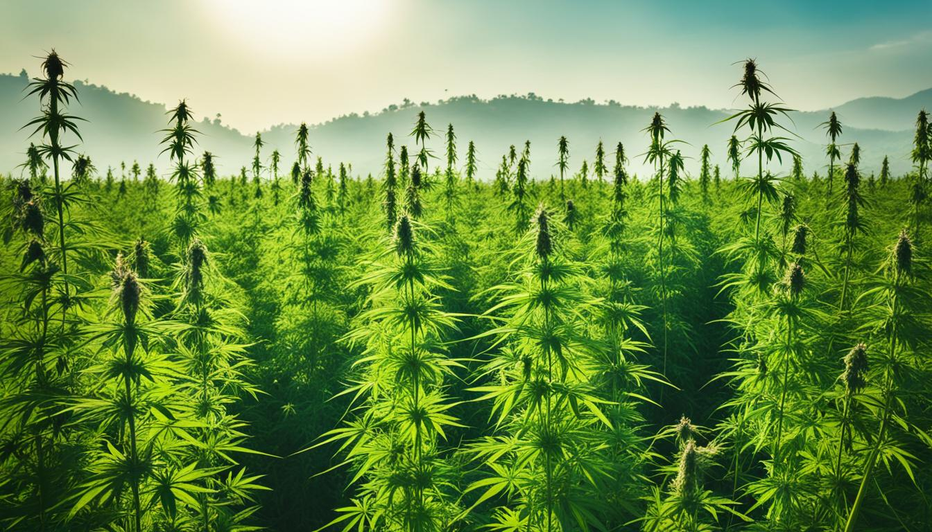 A lush field of hemp plants growing in the Indian countryside, with tall stalks reaching towards the sun and leaves tinged with shades of green and brown. In the distance, workers are busy tending to the crops, carefully pruning and harvesting the plants by hand. The sky above is a deep blue, punctuated by wispy clouds and the occasional bird in flight. In the foreground, a serene river meanders past the fields, reflecting the beauty of the surrounding landscape.