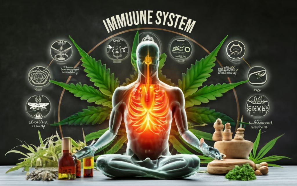 "Immune System & CBD", TITLE in the bottom -cannabis leaf in the forehead of the inner body functions, long shot of the full body. with ayurvedic herbs behind the person