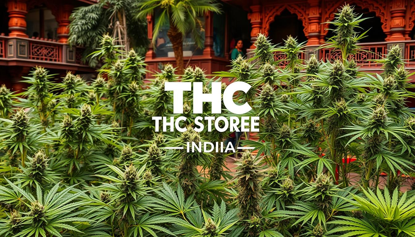 "Lush Indian landscape featuring diverse cannabis landraces in vibrant green hues, showcasing the distinctive shapes and sizes of the plants, surrounded by traditional Indian architecture and rich cultural elements, with the brand name 'THC STORE INDIA' subtly integrated into the environment."