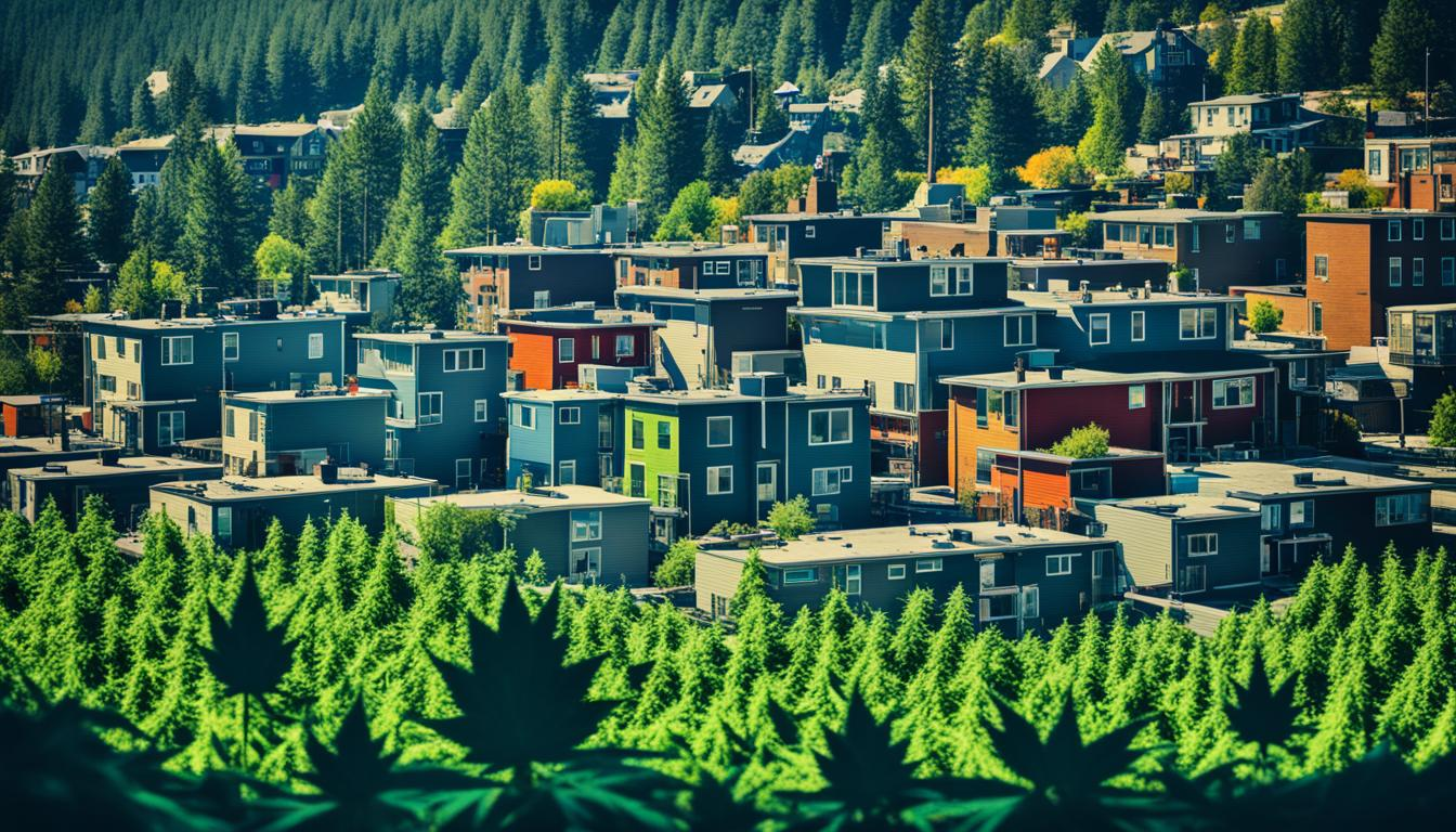 An image that represents the correlation between income level and cannabis use. Show a subtle contrast between a low-income neighborhood with rundown buildings and a high-income neighborhood with luxury homes. Incorporate the use of cannabis in both neighborhoods, perhaps showing a group of individuals smoking or consuming edibles. Use subtle visual cues, such as the quality of the environment or clothing, to distinguish between the two groups.