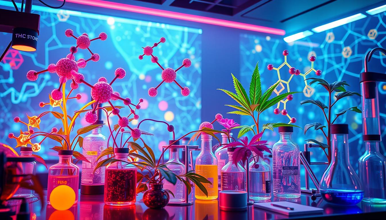 A futuristic laboratory setting featuring vibrant synthetic cannabinoid molecules, artistic representations of various chemical structures, surrounded by surreal plant forms adapting to the environment, glowing in various colors. The atmosphere is infused with a sense of innovation and discovery, representing the intersection of nature and science. Incorporate elements that signify disruption and transformation, with an abstract background that hints at complex neural networks. Include the brand name "THC STORE INDIA" subtly integrated into the laboratory equipment.