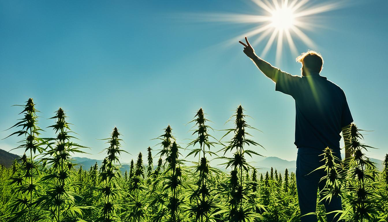 A field of tall hemp plants stretching toward the sun, with the silhouette of a farmer in the background. The sky is clear and blue, and there are mountains in the distance. The plants are healthy and vibrant, with leaves of dark green and flowers of light yellow. Some of the flowers are beginning to bud, indicating a successful harvest is on the horizon. In the foreground, there are tools and equipment used in the cultivation process, such as watering cans and pruning shears. The image should give a sense of the thriving hemp industry in India and the economic opportunities it provides.