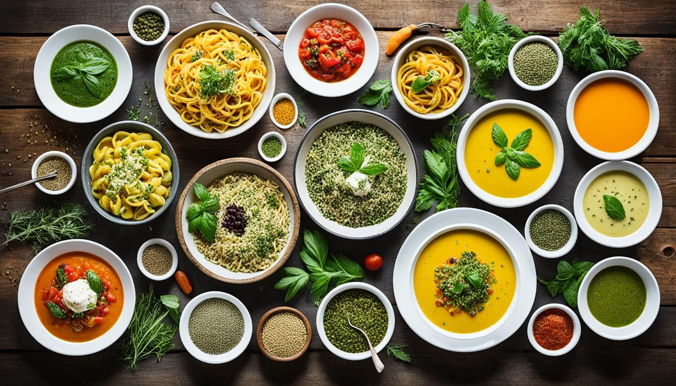 A colorful spread of various dishes made with hemp seeds, including a salad, pasta, and soup. The dishes are arranged on a rustic wooden table with natural lighting highlighting their textures and colors. Surrounding the table are various herbs and spices commonly used in Indian cuisine.